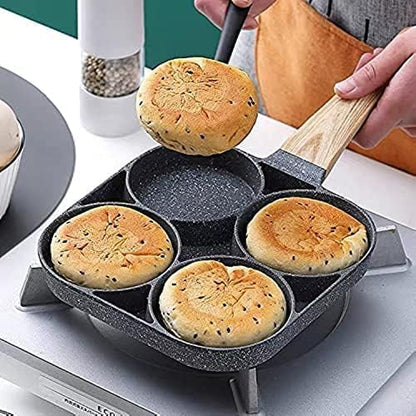 4-Hole Non-Stick Egg Frying Pan with Detachable Wooden Handle – Perfect for Eggs, Omelets, Burgers & More