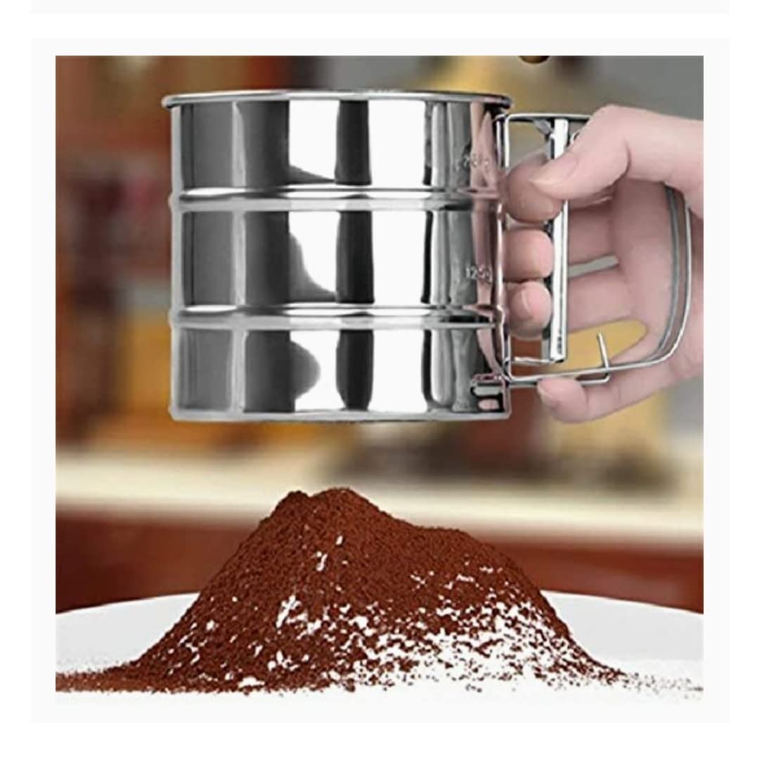 Stainless Steel Flour Sifter – One-Hand Press Crank Sieve with Double-Layer Mesh for Baking & Powdered Sugar