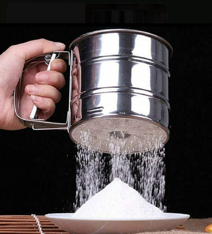 Stainless Steel Flour Sifter – One-Hand Press Crank Sieve with Double-Layer Mesh for Baking & Powdered Sugar