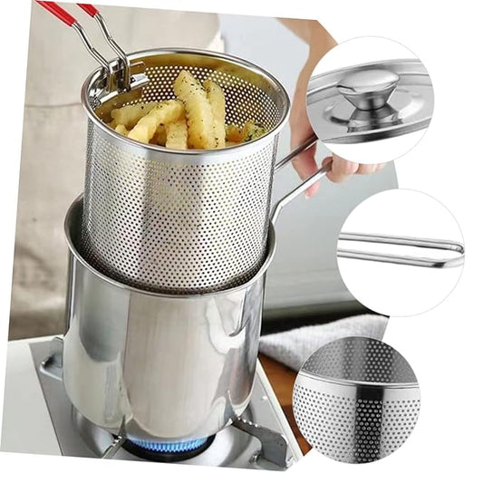 Stainless Steel Deep Frying Strainer & Oil Basket with Fryer Tong