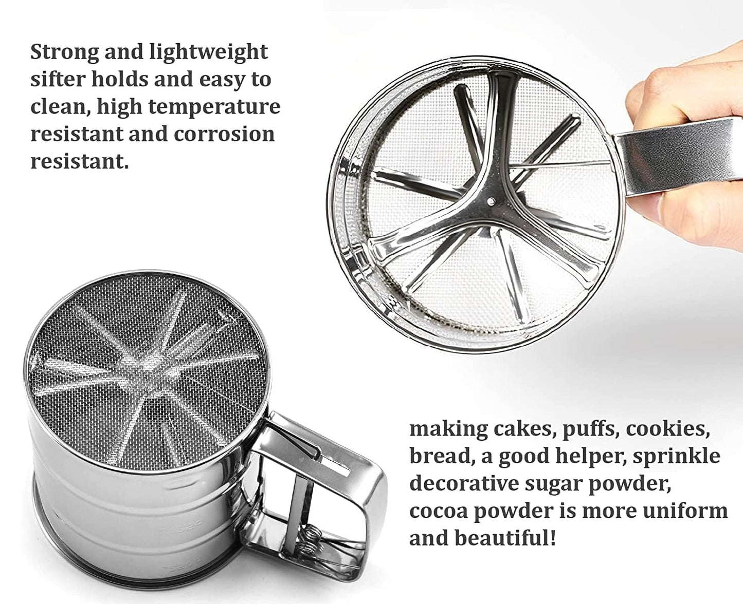 Stainless Steel Flour Sifter – One-Hand Press Crank Sieve with Double-Layer Mesh for Baking & Powdered Sugar