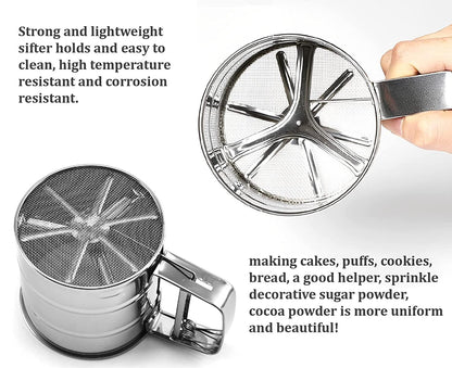 Stainless Steel Flour Sifter – One-Hand Press Crank Sieve with Double-Layer Mesh for Baking & Powdered Sugar