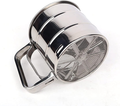 Stainless Steel Flour Sifter – One-Hand Press Crank Sieve with Double-Layer Mesh for Baking & Powdered Sugar
