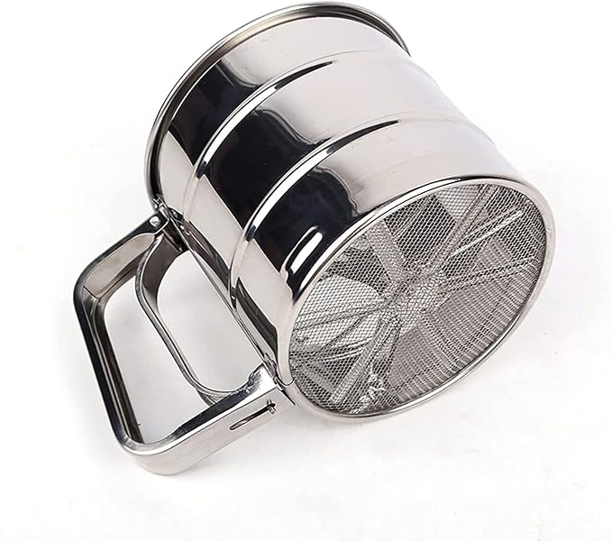 Stainless Steel Flour Sifter – One-Hand Press Crank Sieve with Double-Layer Mesh for Baking & Powdered Sugar