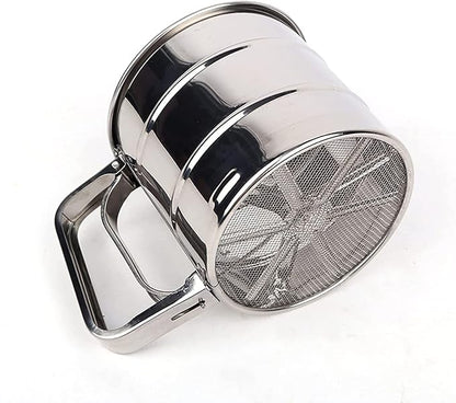 Stainless Steel Flour Sifter – One-Hand Press Crank Sieve with Double-Layer Mesh for Baking & Powdered Sugar