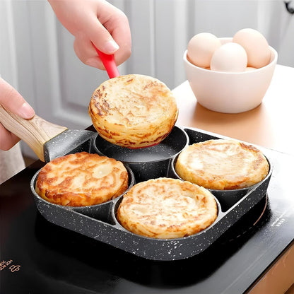 4-Hole Non-Stick Egg Frying Pan with Detachable Wooden Handle – Perfect for Eggs, Omelets, Burgers & More