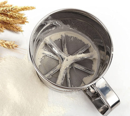 Stainless Steel Flour Sifter – One-Hand Press Crank Sieve with Double-Layer Mesh for Baking & Powdered Sugar
